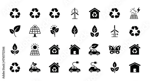Set of environmental and ecological icons isolated on white background, representing sustainability, renewable energy, and ecofriendly practices for a greener future