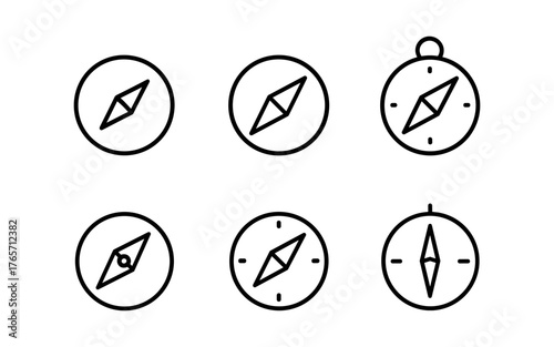 Minimalistic compass icons collection with simple line art style for navigation concepts