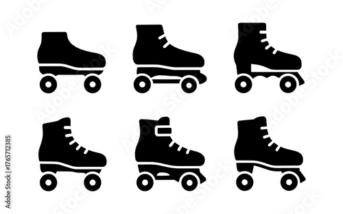 Set of black silhouette roller skates on white background