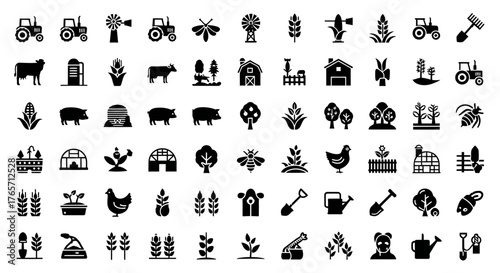 Collection of farming and agriculture icons isolated on white background showcases a variety of elements related to rural life, cultivation, and food production