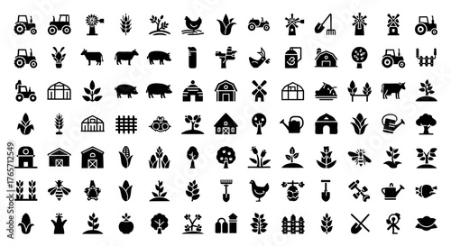 Collection of farming and agriculture icons isolated on white background showcases a variety of elements related to rural life, cultivation, and food production