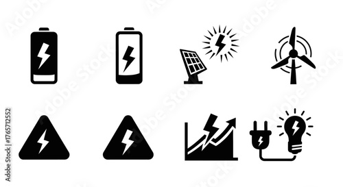 Renewable energy icons a collection of battery, solar panel, wind turbine, and energy efficiency symbols isolated on white background for sustainable solutions