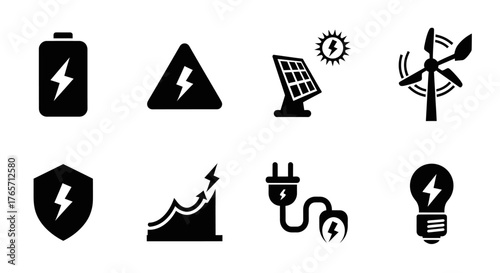 Renewable energy icons a collection of battery, solar panel, wind turbine, and energy efficiency symbols isolated on white background for sustainable solutions