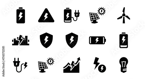 Renewable energy icons a collection of battery, solar panel, wind turbine, and energy efficiency symbols isolated on white background for sustainable solutions