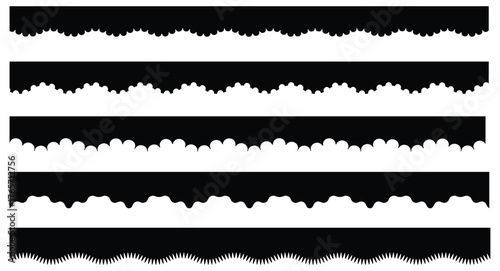 Scalloped edge seamless set. borders and dividers. Simple scalloped border. Repeat cute vintage frill ornament. Texture ribbons. stripe,tape collection isolated on white background.scallop
