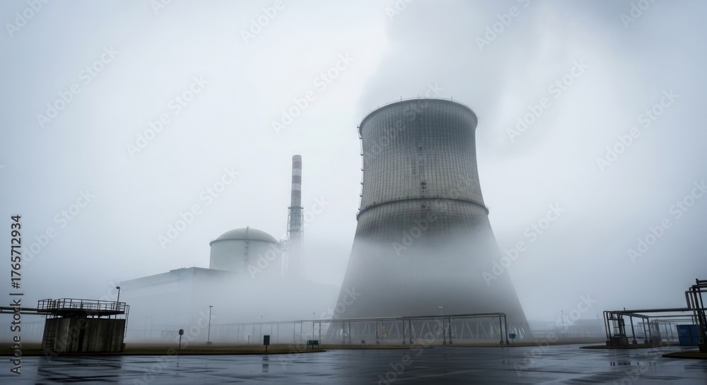 Obraz premium Foggy industrial power plant with cooling tower emitting steam in misty landscape