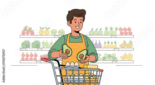 A cartoon man in a green shirt and yellow apron holding avocados in a shopping cart with grocery shelves in the background.