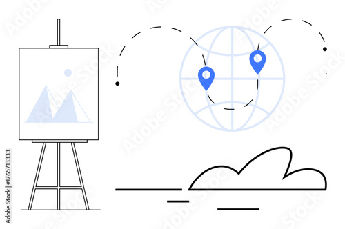Easel with geometric poster next to globe adorned with map pins. Dotted flight paths link locations. Ideal for creativity, global strategy, location, education, navigation, travel, simple flat