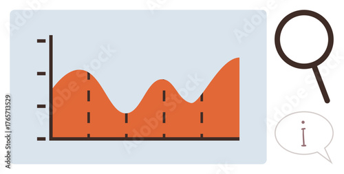 Graph highlighting fluctuating data trends, magnifying glass for detailed examination, and information icon for knowledge access. Ideal for analysis, research, statistics, learning, exploration