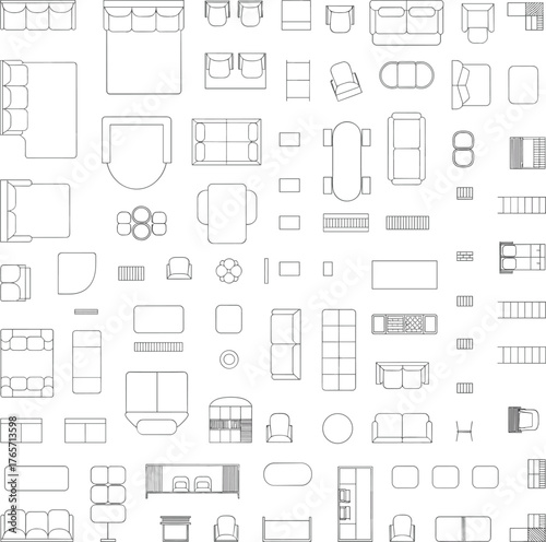 Modern furniture top view set, sofa, bed, chairs, and tables collection, minimalist interior floor plan symbols, architectural layout elements, black line vector illustration