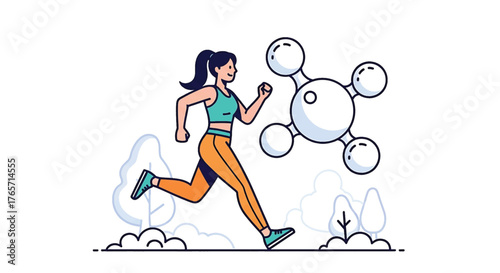 A woman in athletic wear runs with a molecular structure floating beside her in a stylized illustration with a white background.