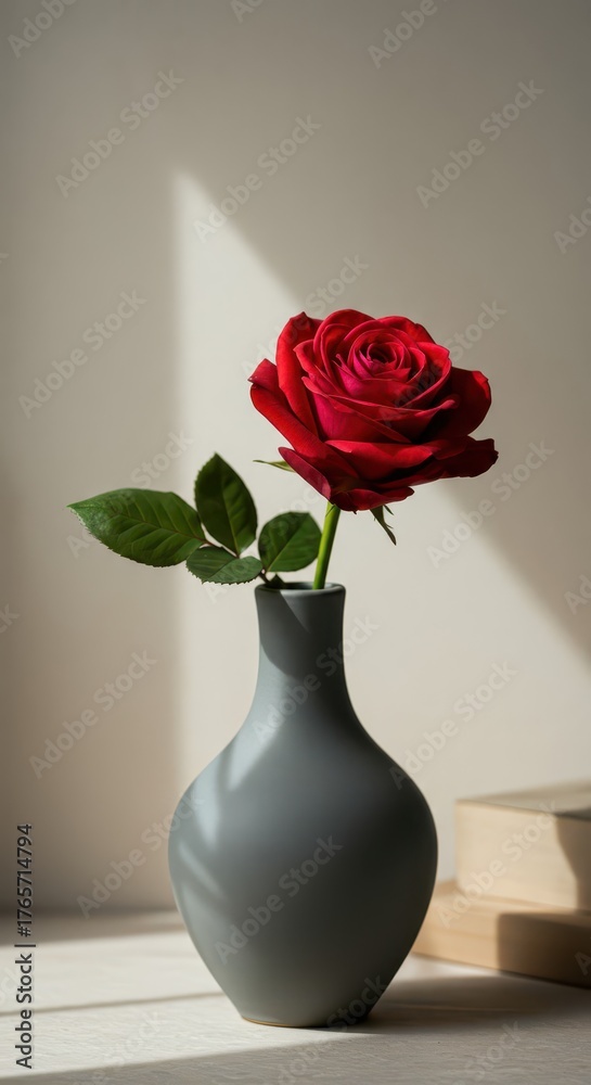 Fototapeta premium Single vibrant red rose displayed in a minimalist gray vase against a light background with dramatic shadows