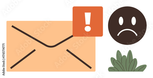 Email envelope with alert icon and sad face symbol beside green leaves conveys error message, warning, failure in communication. Ideal for email notifications, error handling, failure reports