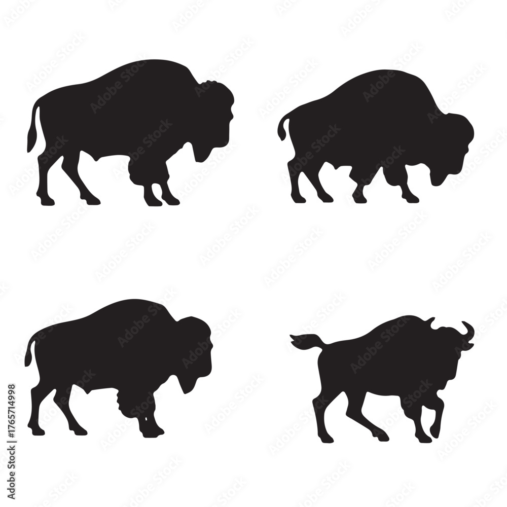 Fototapeta premium Bison silhouette icons set side, front, back, and top views