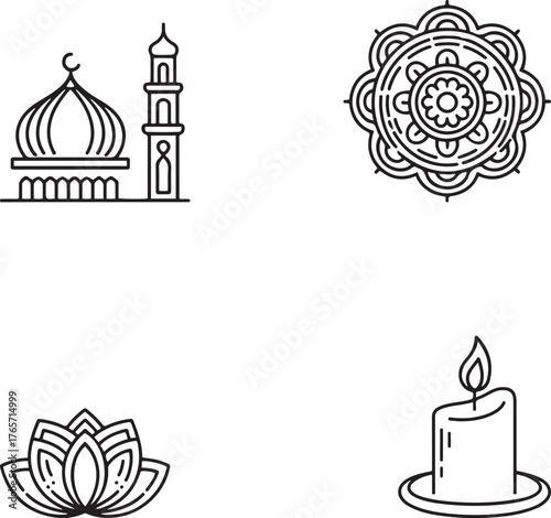 Set of elegant vector icons representing different cultural and spiritual symbols  mosque, mandala, lotus and candle