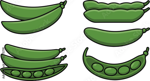 Set of Green Pea Pods - Whole and Open Vegetable Vector Icons