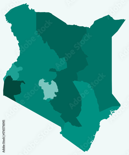 Map of Kenya with regions. Just a simple country border map with region division. Teal color palette. Plain Republic of Kenya shape with administrative division. Vector illustration.