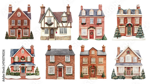 PNG Charming festive winter houses illustration, element set on transparent background