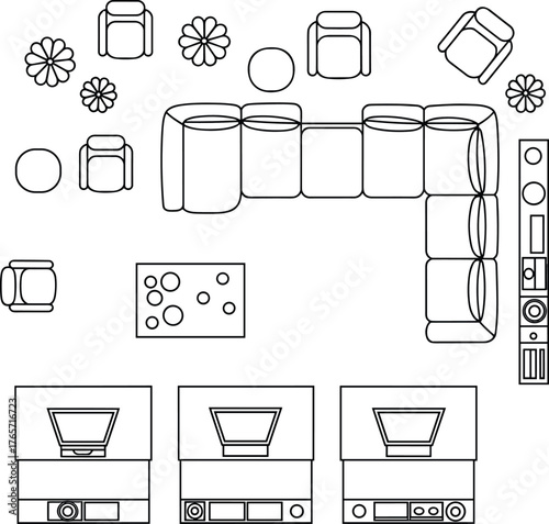 Modern living room top view interior layout, sectional sofa, armchairs, tables, home theater setup, contemporary furniture design, minimalist decor plan, stylish home arrangement