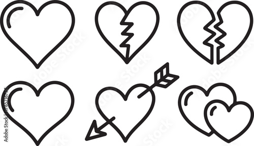 Set of Heart Outline Icons - Love, Broken, and Arrow Symbols Line Art Vector