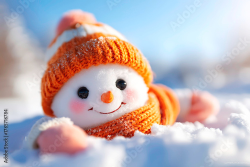 Friendly snowman with orange winter accessories cheerful