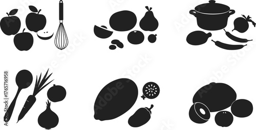 Black Silhouette Vector Set of Fruits, Vegetables, Kitchen Utensils, and Cooking Tools for Culinary, Nutrition, and Food Design Themes