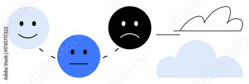 Smiling, neutral, and sad face icons connected by dashed lines, representing emotional transitions. Clouds beside faces signify passing feelings. Ideal for empathy, mental health, mood tracking