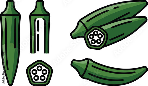 Set of Okra Vegetable Icons - Whole and Sliced Flat Line Art Vector