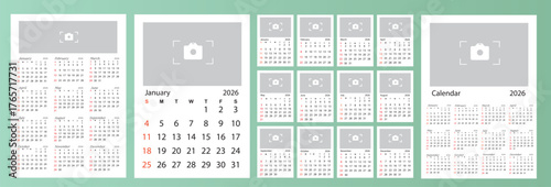 2026 Year Simple Calendar Template with Space for Logo, Illustration or Photo. Minimalist Calendar, Sunday Start Option