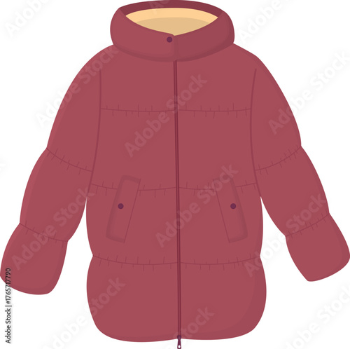 Illustration of a stylish maroon puffer jacket. Winter cozy outerwear with front zipper isolated on white background