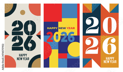 Modern Geometric Happy New Year 2026 Poster Set with Bold Typography Vector Illustration