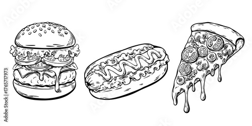 Burger, hotdog and pizza sketch engraving line art illustration