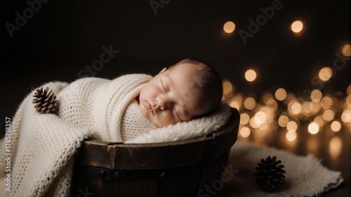 Newborn nestled in wooden basket is sleeping soundly. Warm bokeh lights in the background create a magical and cozy festive feeling.