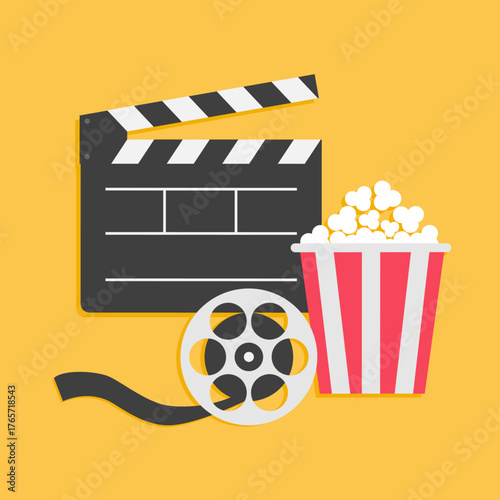 Popcorn Movie reel Open clapper board Cinema icon set. Movie time. Template for banners, cards, invitations. Simple flat design style. Yellow background. Isolated. Vector illustration