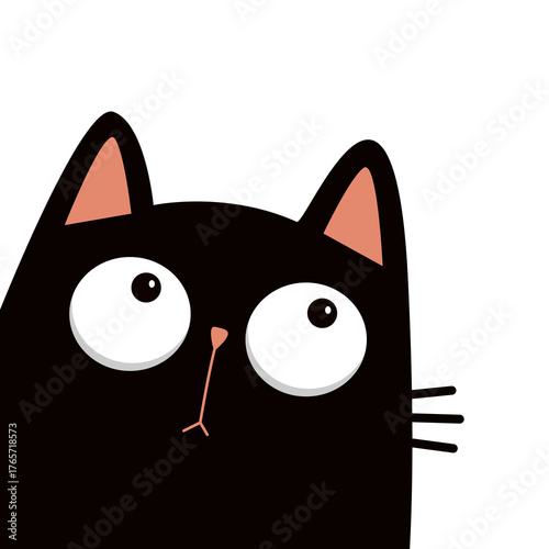 Cute cat head peeking out from around the corner. Kawaii baby pet animal. Big eyes. Cartoon character. Black kitten sad face. Sticker, tshirt greeting card print. Flat design. White background Vector