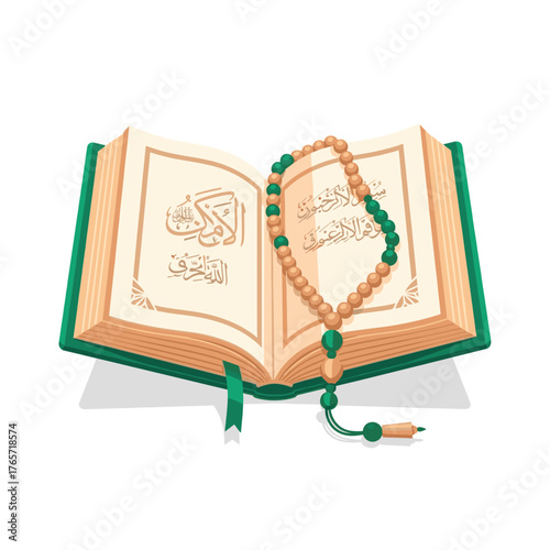 Open Holy Quran with Prayer Beads Illustration