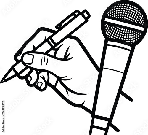 Vector art of hand holding a pen with a microphone