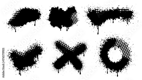 Set of six black spray paint splatter vector elements with dripping ink, halftone dots, and urban graffiti style including check mark, X, circle, and abstract shapes