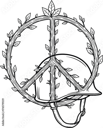 Vector art of peace symbol with helmet and leaves
