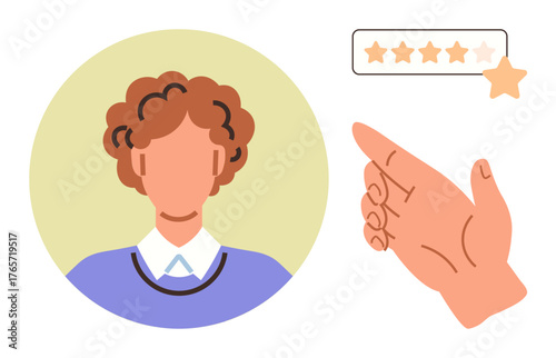Male user avatar in circle next to a five-star rating system with a hand selecting the fifth star. Ideal for feedback, customer satisfaction, evaluation, quality, user rating, trust, service. Simple