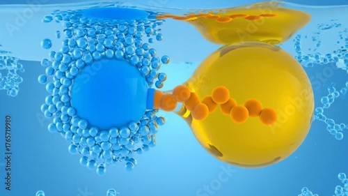 Blue Sphere Absorbing Bubbles Into Yellow Sphere in Water Simulation