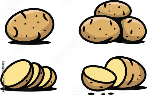 Set of Potato Icons - Whole, Piled, and Sliced Cartoon Vector