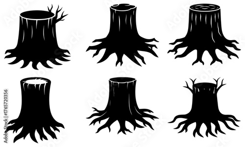 Set of six stylized tree stumps with visible roots, perfect for designs related to nature, environment, and forest themes