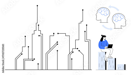 Abstract cityscape with digital connections, person with laptop on blocks, connected brain icons. Ideal for technology, AI, innovation, smart cities, neural networks, future simple flat metaphor
