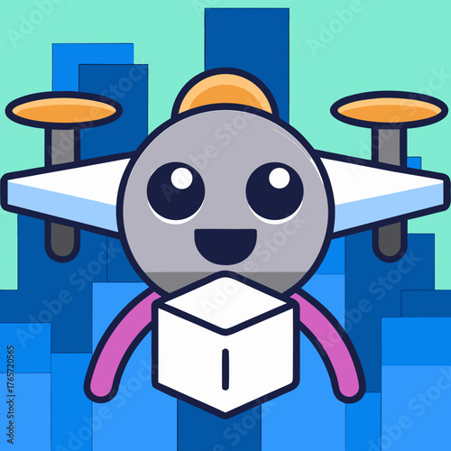 Cartoon drone delivering package over a city landscape