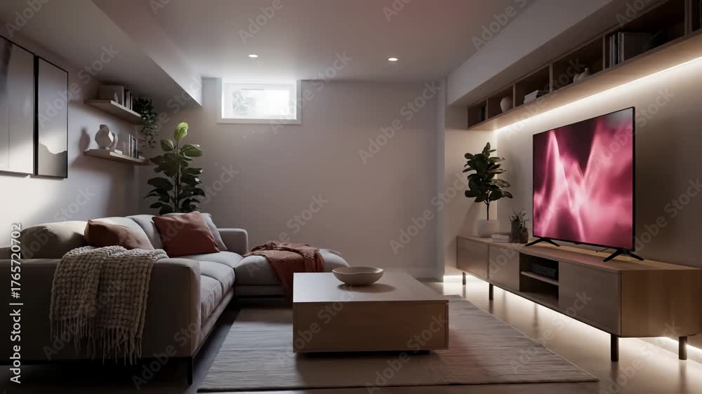 Virtual Stream Backgrounds Modern Virtual Background with basement living room interior green ...