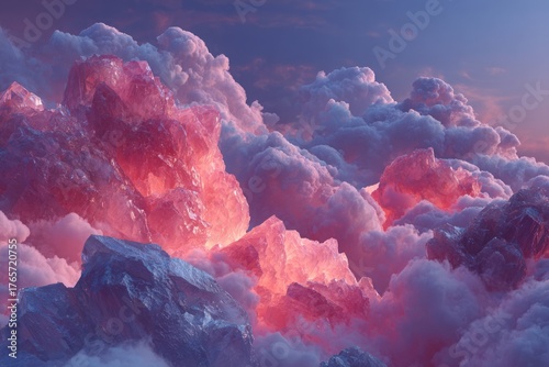 A surreal landscape featuring vibrant rose quartz crystals and soft, billowing clouds under a pastel sky, creating a dreamlike, otherworldly atmosphere.