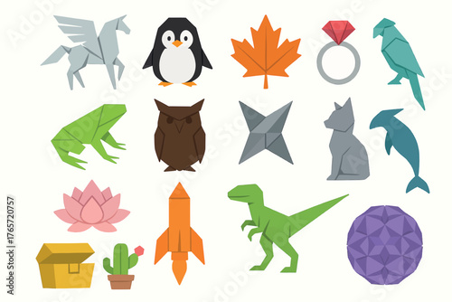 Origami Animal, Object, and Nature Icon Set