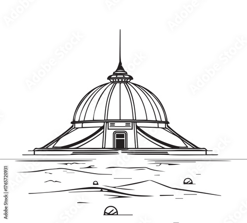 A detailed black and white sketch depicts a domed building with a central spire, reflected on a calm body of water.