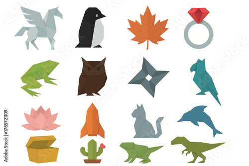 Origami Animal, Object, and Nature Icon Set